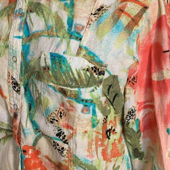 Chicos Shirt Multicolor Tropical Flower Animal Print Long Sleeve Linen Collared - Picture 4 of 11